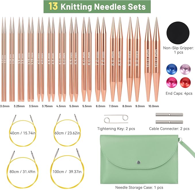Aeelike 13 Pairs Interchangeable Knitting Circular Needles 3-10.0mm, Green | Aluminum Interchangeable Knitting Needles with 4 Cables, Smooth Complete Needles Set for Socks Blankets Sweaters, Ideal Gift