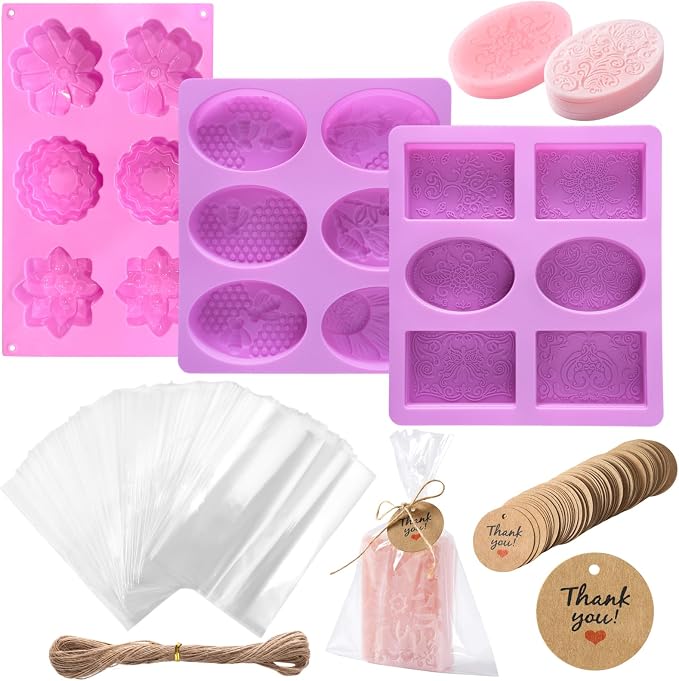 Soap Making Kit with 3 Silicone Molds Bee Lace Flower Shapes 100 Clear Bags 100 Gift Tags 65ft Jute Twine DIY Handmade Soap Craft Set for Beginners Small Business & Gift Making