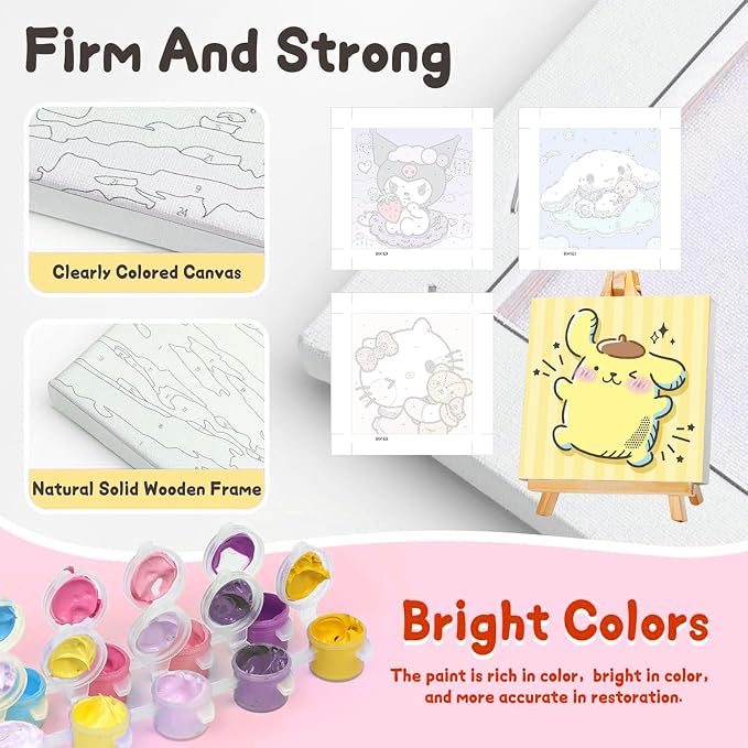 4 Pack Cartoon Paint by Numbers Kit for Kids with Frame Wooden Easel | Cute Kids Paint by Numbers Ages 4 8 12, DIY Acrylic Oil Painting for Home Wall Decor (8x8 inch)