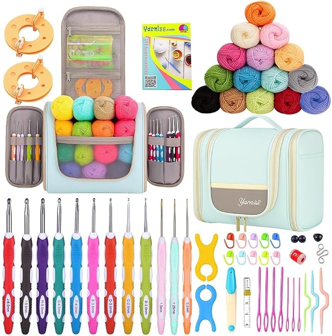 Yarniss Crochet Kits for Beginners,Complete Crochet Kit with Bag,Mint | 1050 Yards Crochet Yarn & 12 Size Ergonomic Crochet Hooks,Learn to Crochet with Step by Step Video Tutorial