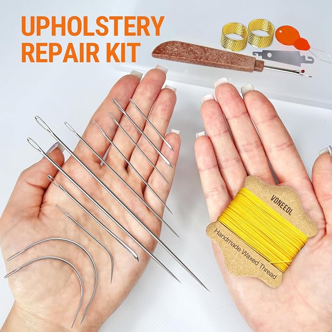 Upholstery Repair Kit: Waxed Sewing Thread (Yellow Color) & Heavy Duty Needles (11 PCS) for Leather, Canvas & Quilting Thread