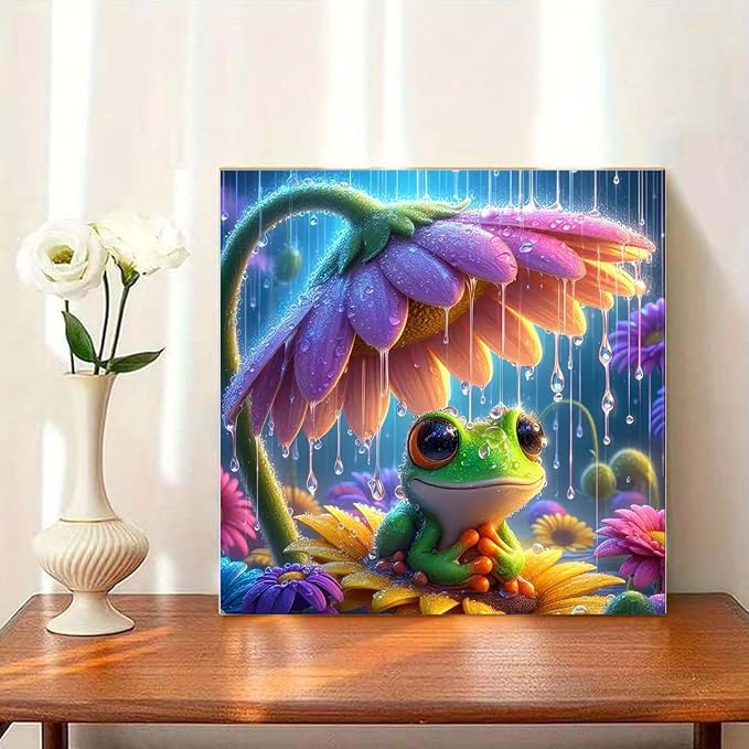 OJTOYART Frog Diamond Art Kits for Adults, 5D Animals Round Full Drill Diamond Painting, DIY Gem Art Craft with Flower Theme, Home Wall Decor, 13.79 x 13.79 Inch