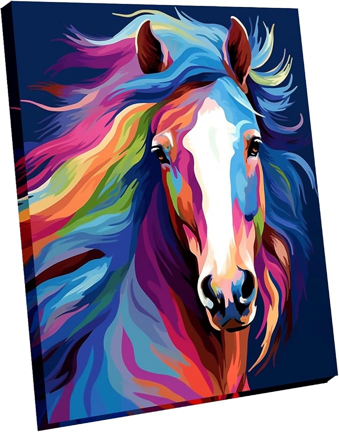 Wooden Framed Paint by Numbers DIY Acrylic Painting Kit for Kids & Adults Beginner – 16" Wx12 L Colorful Horse Head Pattern