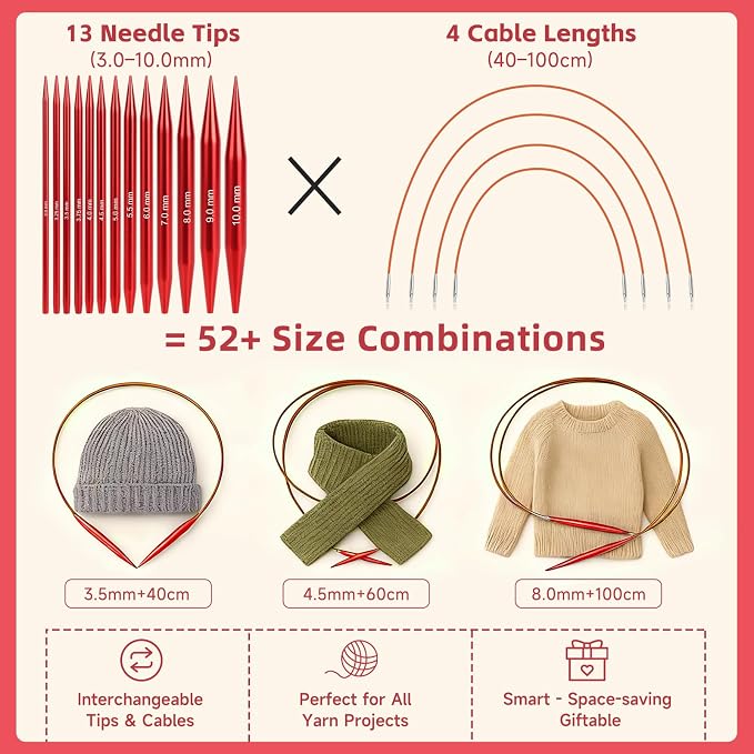 Interchangeable Circular Knitting Needles Set, 13 Pairs (26pcs) Glossy Red Aluminum Knitting Needles Kit, Sizes 3.0mm–10.0mm, Knitting Needle Case & Accessories for Knitting Beginners & Advanced