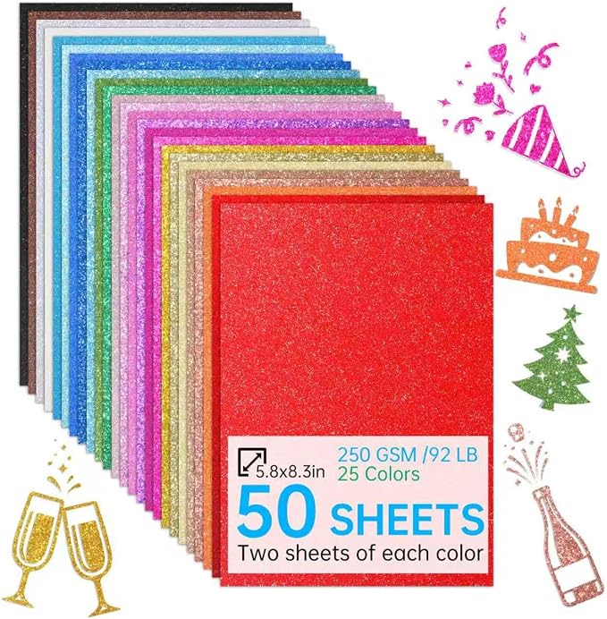 50 Sheets in 25 Colors Glitter Cardstock, Standard A5-Size Glossy Cardstock, Premium No-Shed Sparkly Cricut Cardstocks for Crafting Decorations, Cards, Scrapbooks, And DIY Projects