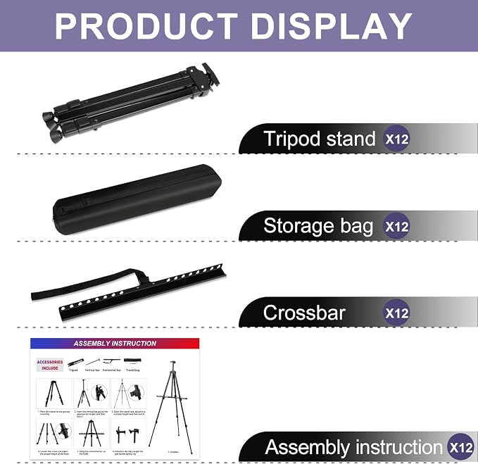 AROIC Art Painting Artist Easel Stand, Painting Display Easel Stand | Portable Adjustable Iron Tripod Display Stand with Bag, Height from 20 to 66 In for Table-Top/Floor Drawing(12 Pack)