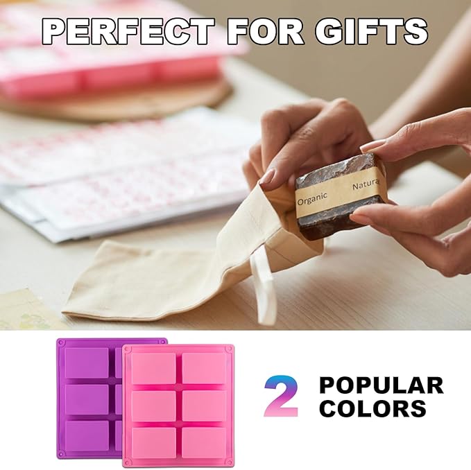 Lerykin 4 Pack Silicone Soap Molds, 6 Cavities Rectangle Silicone Soap Mold, Great for Homemade Craft Soap Bar Mold, DIY Chocolate Molds, Cake Molds & Ice Cube Trays - Just Pop Out (Purple & Pink)