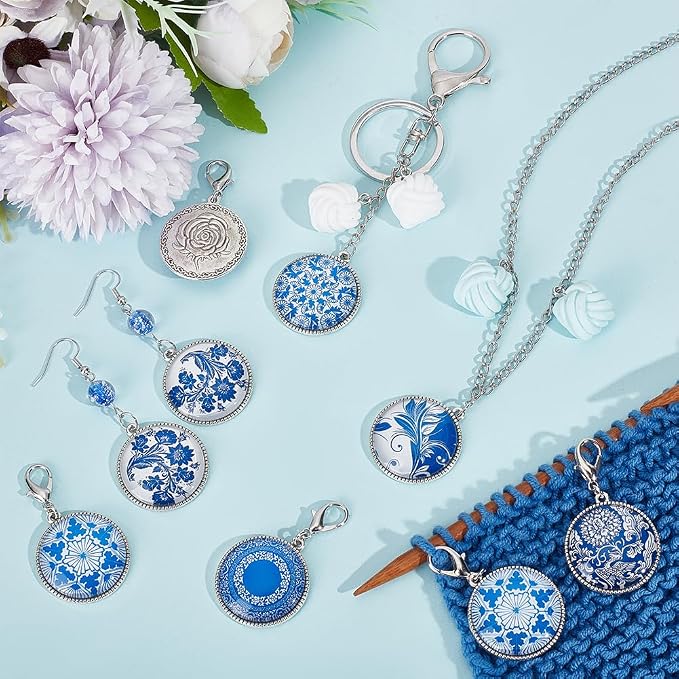 NBEADS 12 Pcs Glass Flat Round with Blue and White Porcelain Pattern Stitch Markers, Zinc Alloy Lobster Claw Clasps Crochet Stitch Marker Charms for Crochet Accessories Quilting Jewelry Making