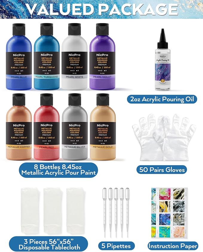 Nicpro 8 Colors 8.45oz Large Volume Metallic Acrylic Pour Paint Kit