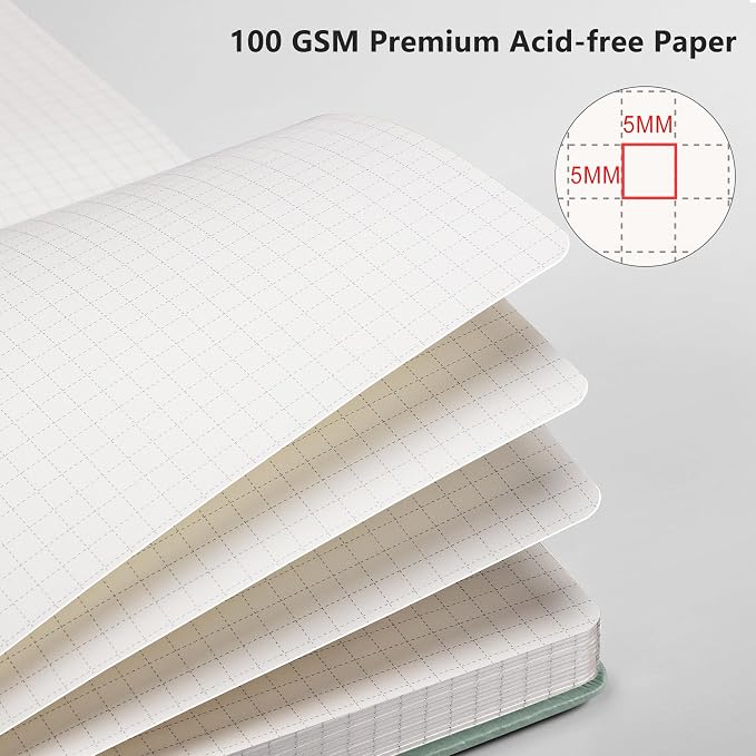 RETTACY Graph Grid Paper Notebook, 192 Pages, A5 Size (5.7'' x 8.3'') | 5 Squares per Inch, Leather Hardcover, 100 GSM Thick Paper, for School, Students, Math, Engineering (Sage Green)