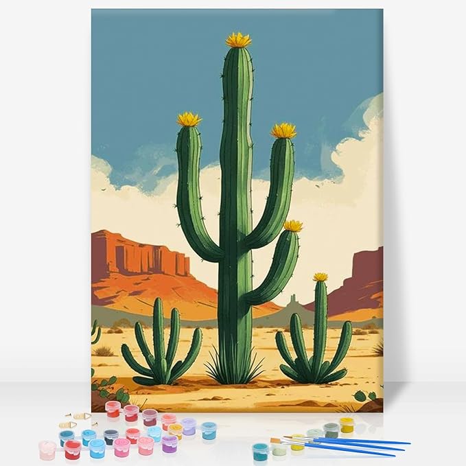 GEEHEIY Framed Paint by Numbers Kit for Adults, Desert Cactus, 8 x 12 Inch | DIY Adult Paint by Number Kit for Beginners, Southwest Wall Decor, Stress Relief Craft Gift, Creative Hobby