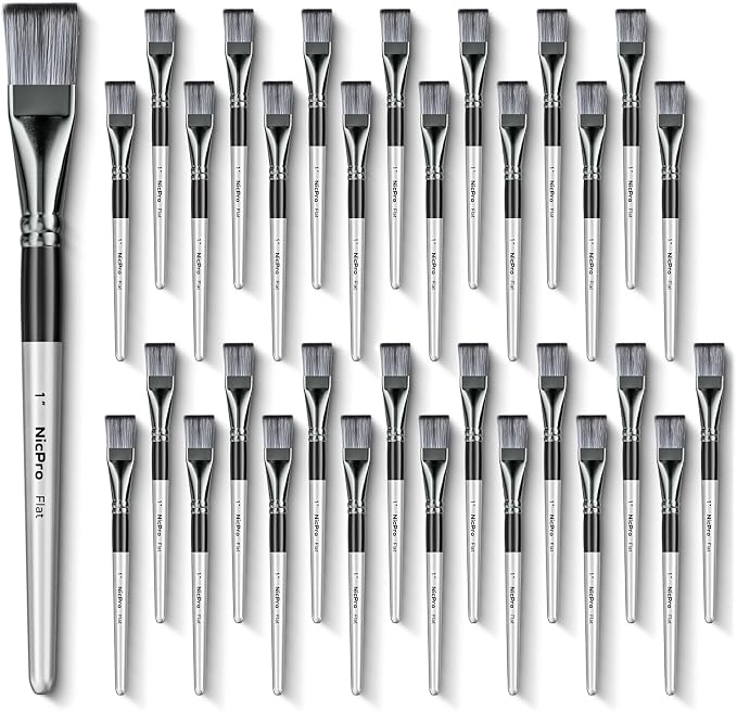 Nicpro 32pcs 1 Inch Flat Paint Brushes for Acrylic Painting, Large Paint Brushes Bulk for Acrylic Watercolor Oil, Artist Paint Brush Set for Canvas Painting, Base Coating, Crafts, Face, Group Use