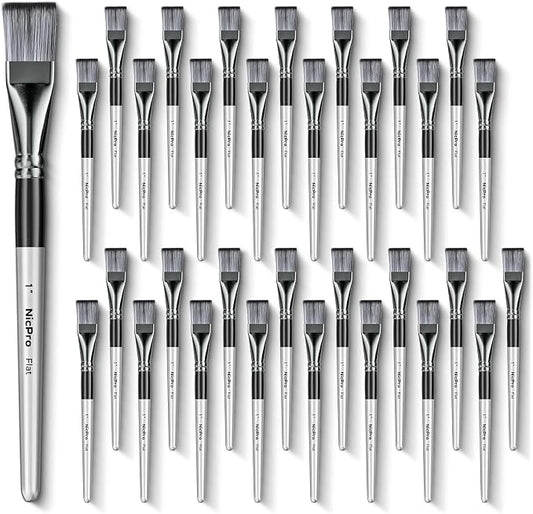 Nicpro 32pcs 1 Inch Flat Paint Brushes for Acrylic Painting, Large Paint Brushes Bulk for Acrylic Watercolor Oil, Artist Paint Brush Set for Canvas Painting, Base Coating, Crafts, Face, Group Use