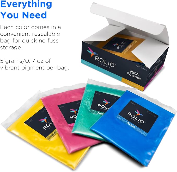 Rolio - Mica Powder Color Pigment Set - Original Set, 5g, 15 Bags | Pearlescent Color Pigments, Resealable Jars for Epoxy Resin, Soap Making, Candles, Slime, Nail Art, and DIY Crafts