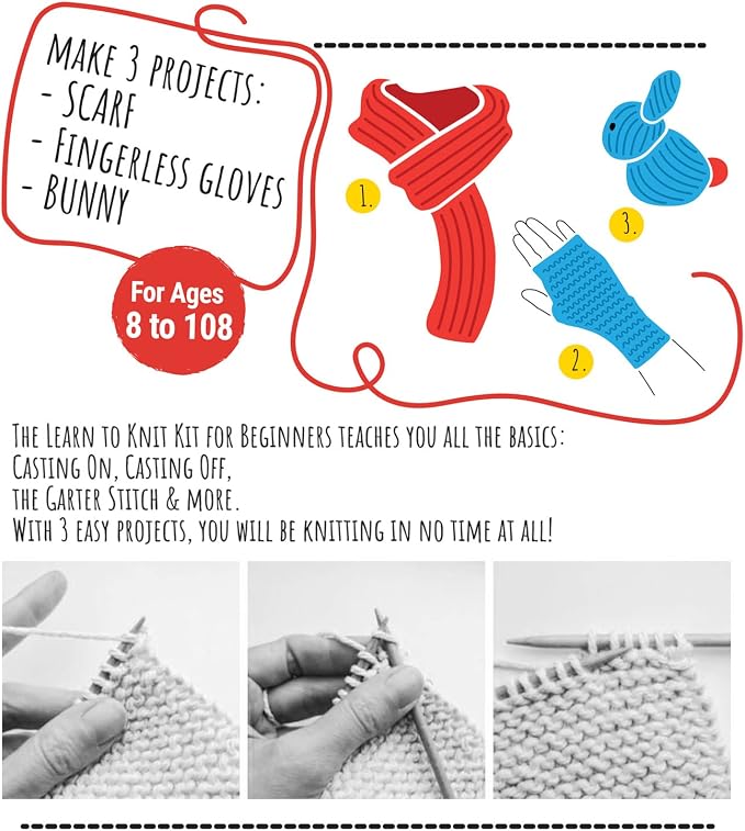 CraftLab Knitting Kit - Beginner Knitting Supplies with Wool Yarn, Needles, Instructions, DIY Gift