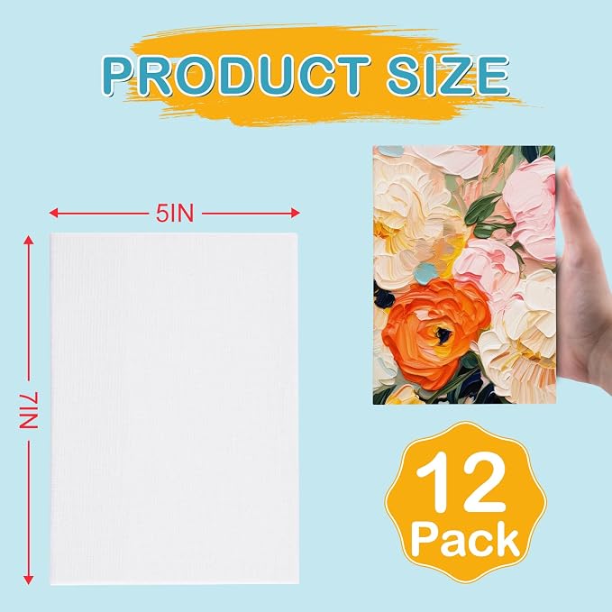 ESRICH 12 Pack 5x7 Small Canvas for Painting, Ideal for Kids & Beginners | Cotton Acid-free Surface, Gesso Primed for Acrylic, Oil, Watercolor. Art Painting Supplies for Class, Paint Parties and Home