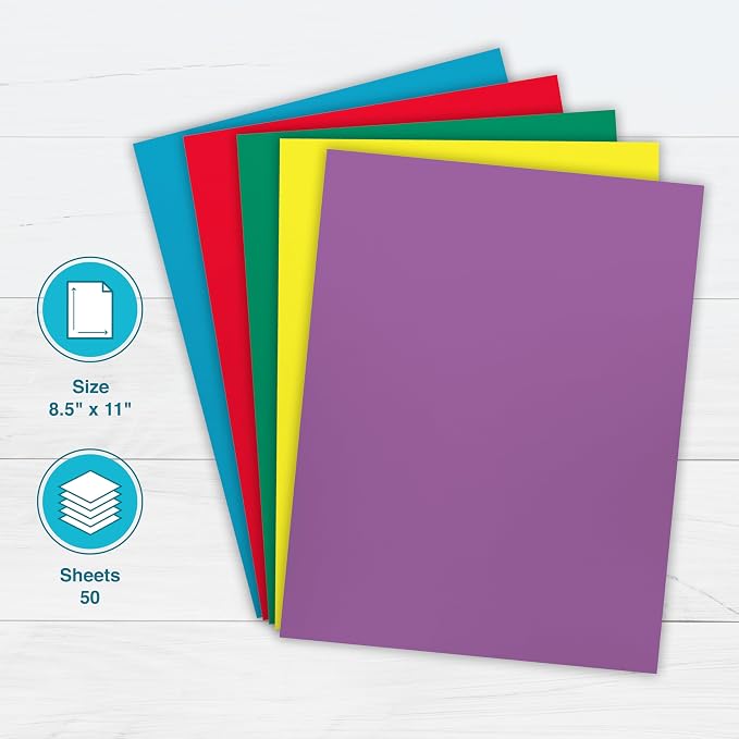 PrintWorks Bright Cardstock 8.5" x 11" - 50 Sheets - 5 Assorted Primary Colors - Ideal for School & Craft Projects - 65 lb/176 gsm - Made in the USA - FSC® Certified (00682)