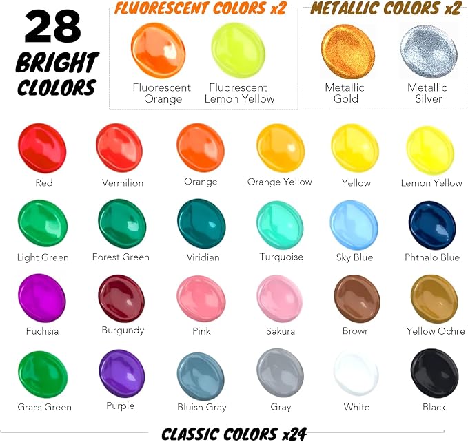 Halobios Acrylic Paint Set 28 Colors with 10 Brushes, Art Craft Paints for Artists Kids Beginners Students & Painters, Canvas fabric Ceramic Wood Rock Painting Art Supplies (Multicolor)
