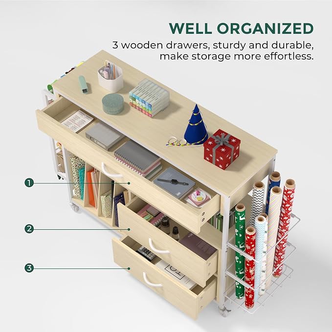 Wrapping Paper Storage & Organizer, Craft Cart with Ribbon & Gift Bag Storage, Wrapping Paper Organizer Holder(3 Wooden Drawers- Oak)