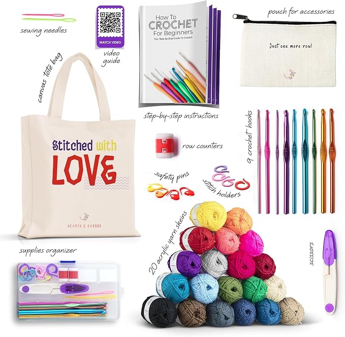 Hearth & Harbor Crochet Kit with 1100 Yards Assorted Yarn Kit, Ergonomic Hooks, Crocheting Instruction, Knitting & Crochet Supplies - Beginner Crochet Kits for Adults, Ideal for Amigurumi