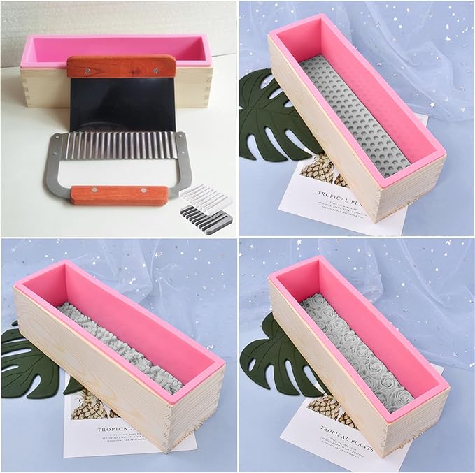 Loaf Soap Making Kit, 44oz Silicone Soap Making Liner Wood Box with Beehive & Hexagon & Rose Mat Creative Honeycomb Mat Mold for DIY Soap Making (Purple & Pink) (Pink Mold-Beehive)