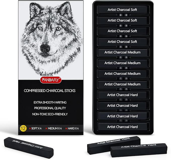 PANDAFLY Compressed Charcoal Sticks, 12 Pack, Soft Medium & Hard | Black Square Vine Charcoal Sticks for Drawing, Sketching, Shading, Charcoal Drawing Set for Beginners & Pro Artists