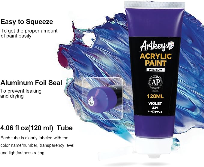 Artkey Acrylic Paint - Violet (120 ml/4.06 oz) Tubes, Rich & Vibrant Pigments, Professional Artists Acrylic Paints - Art Supplies for Canvas Wood Rock Clay Fabric Ceramics Art Crafts Painting