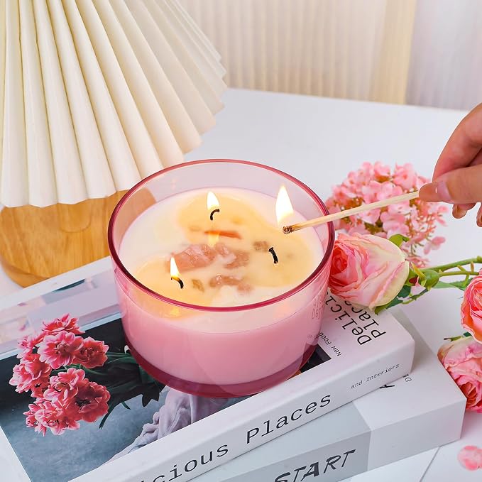 CONNOO 6 Pack 24oz Pink Glass Candle Jars with Airtight Bamboo Lids
