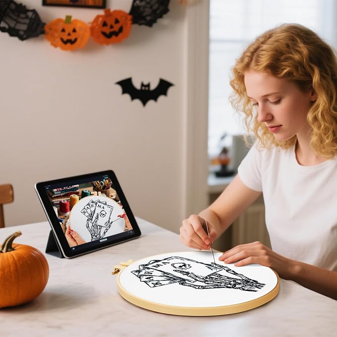 Gothic Tarot Embroidery Kits for Beginners Adults, Halloween Hand Bone Embroidery Starter Kits, Skull Cross Stitch Kits for Beginner Adults Hobbies for Women, Embroidery Fabric, Hoops & Video Tutorial
