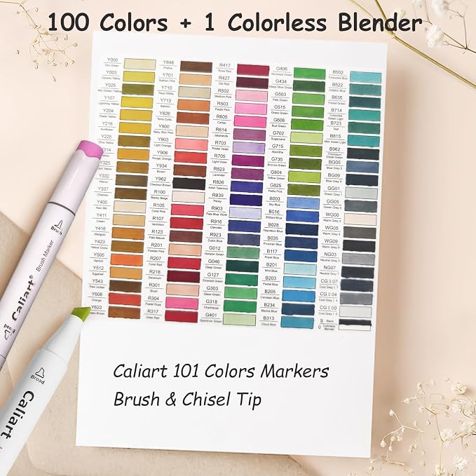 Caliart 101 Colors Alcohol Markers Brush Tip Art Markers for Adult Coloring | Brush & Chisel Permanent Markers Pens Set with Carrying Case for Artists & Beginners Drawing Painting Sketching Illustration
