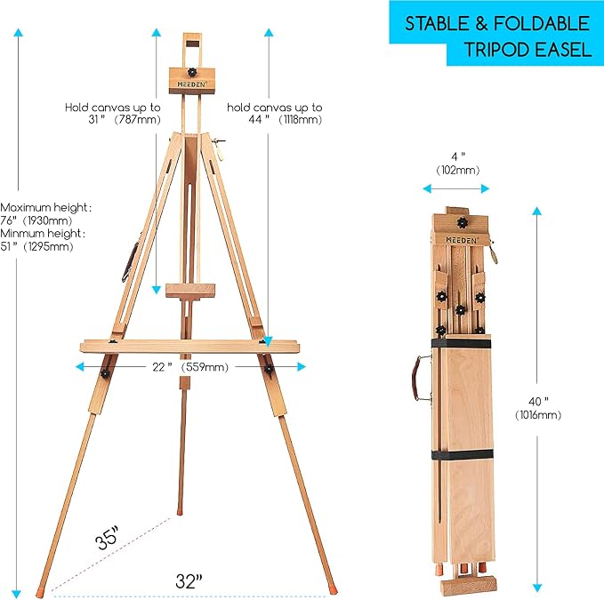 MEEDEN Portable Tripod Easel for Painting: Solid Beech Wood Art Easel | Foldable Drawing Easel Stand with Carrying Bag for Adults Indoor Outdoor Use, Holds Canvas up to 44"