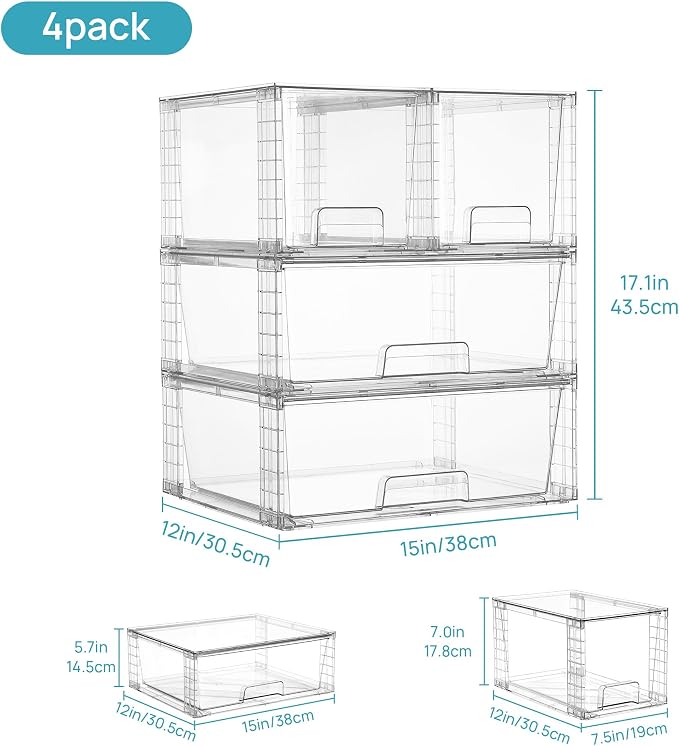 Vtopmart Clear Stackable Storage Drawers, 4 Pack Wide Organizer Set