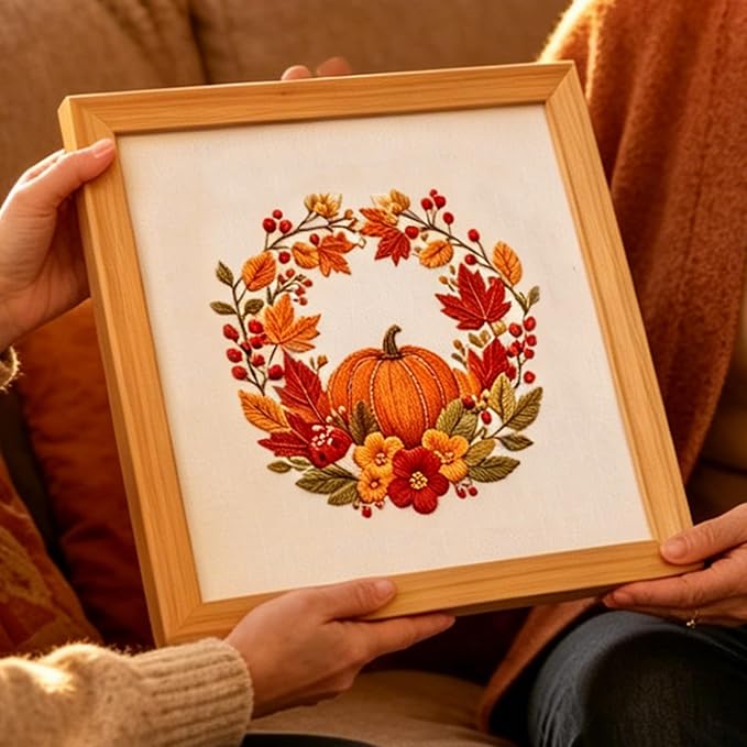 FONNUY Fall Embroidery Kit, Handmade Autumn Wreath Pre-Stamped Pattern for Beginners, Thanksgiving Harvest Home Decor, 8'' Hoop (Pumpkin)