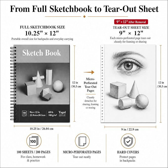 Yagol Sketch Book 9"x12", Spiral-Bound Sketchbook, 68lb/100gsm, 100 Sheets | Sketch Pads for Drawing for Adults, Students & Beginners; Acid-Free Drawing Paper for Art Class, School, Home & Daily Drawing