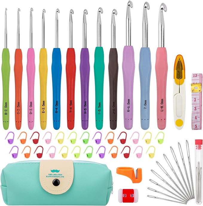 MECHEER Crochet Hooks 12 Sizes Crochet Hook Set, 51 Pack Yarn Crochet Kit for Beginners, Knitting Needles with Ergonomic Handles for Arthritic Hands, Crochet Needle Kit with Blue Case for Crocheters