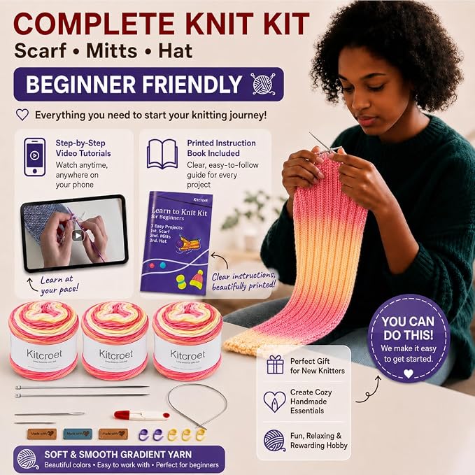 Knitting Kit for Beginners, Complete Starter Kit for Scarf, Hat, Gloves | Kitcroet Knitting Kit Video Tutorials & Written Guide; 2 Types of Needles & Knitting Accessories; 25% Extra Yarn Included