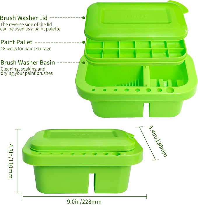 MyLifeUNIT Paint Brush Cleaner, Paint Brush Holder and Organizers with Palette for Acrylic, Watercolor, and Water-Based Paints (Lawn Green) | 18 mixing wells, 16 slots fitting 0.24-0.63 in diameters, 3 washing compartments, removable tray lid