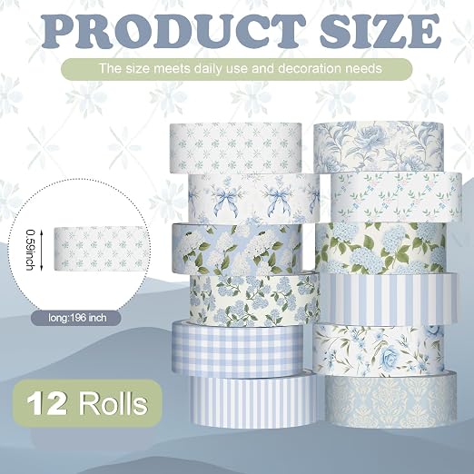 12 Rolls Floral Washi Tape Set,Dusty Blue,Rose and Hydrangea | Watercolor Flowers Design for Scrapbook Journal DIY Craft School Supplies, 15 mm Vintage Decorative Masking Washi Tapes