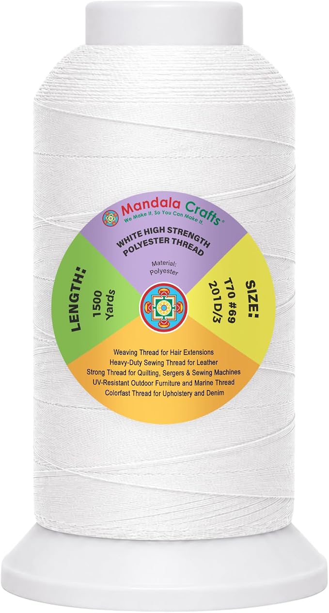 Mandala Crafts White Tex 70 Polyester Heavy Duty Thread for Upholstery | 1500 Yds T70 UV Resistant Strong Thread for Leather Sewing, Marine, Drapery, Jeans, Hair Weaving & Extension, Outdoor