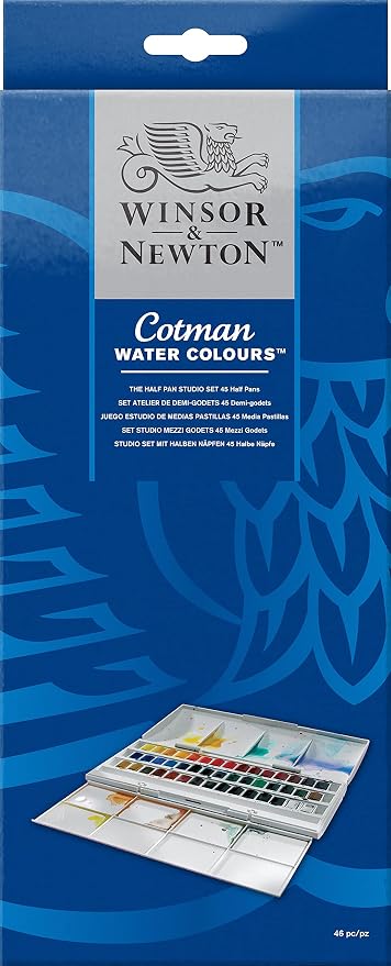 Winsor & Newton Cotman Watercolor Paint Set, 45 Half Pan Studio Set | Introductory Watercolor made with Fine Art Pigments, Perfect for Beginners, Lightfast & Permanent, Good Tinting Strength