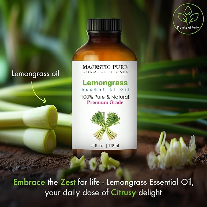 Majestic Pure Lemongrass Essential Oil for Diffuser - 4 Fl Oz | 100% Pure & Natural Essentials Oils for Aromatherapy, Soap and Candle Making, Massage and Room Sprays, Lemongrass Oil