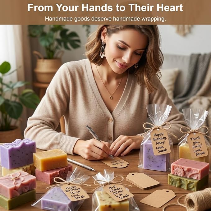 100 Pcs 4.7x7" Plastic Cellophane Bags & 65ft Jute Twine & 100 Pcs Writable Blank Kraft Paper Tags, Clear Goodie Treat Wrappers for Wrapping Homemade Soap Craft Gift Small Cookies Candy Snack Party Bakery Favors Wedding Christmas (Brown Tags)