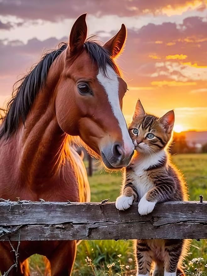 5D Horse and Tabby Kitten Diamond Art kits for Adults Beginners 12x16inch | Sunset Farm Diamond Painting Kit DIY Full Round Drill Paint by Diamonds Dot Gem Art for Adult, Home Wall Decor
