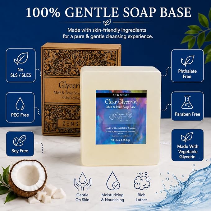 10 LBS Glycerin Soap Base, Melt and Pour Supplies Kit for Soap Making | SLS/SLES & PEG free | Gentle & Foamy Ingredients | Make Your Own Bulk For Adult Soapmaker - Easy to Cut