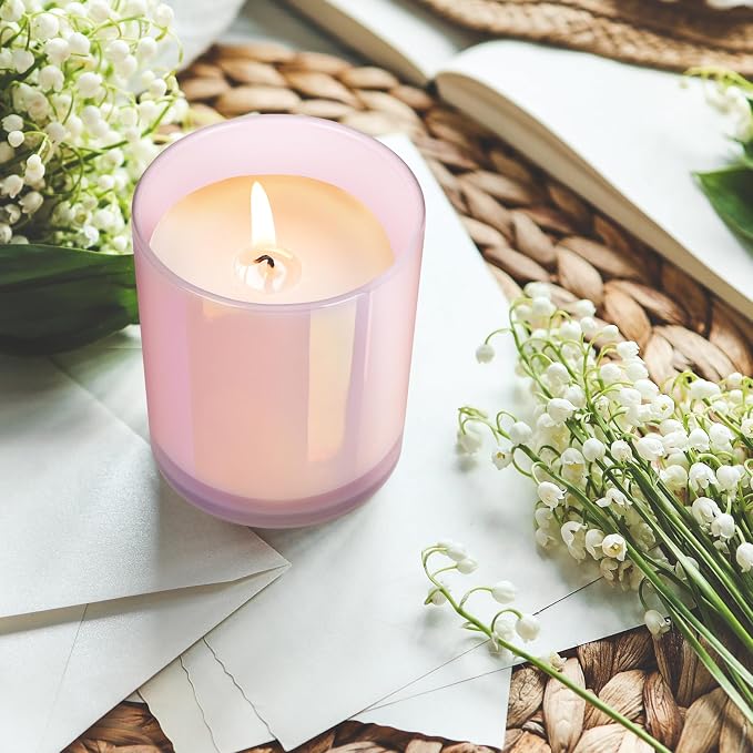 SHOWIN Thick Candle Jars for Making Candles 12 Pcs, 14 OZ Empty Jars with Wood Lids for Candle Making, Sample Container, Glitter Pink