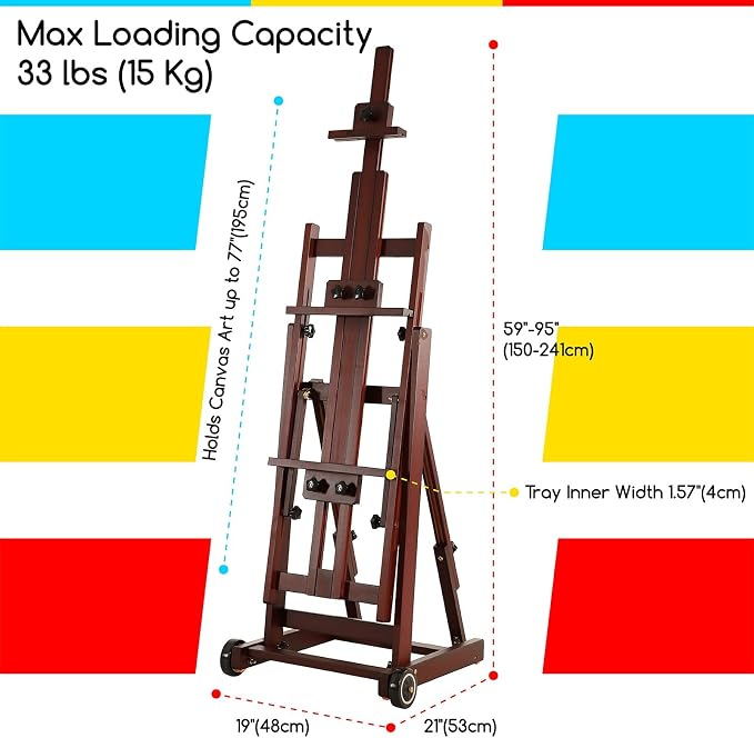 MEEDEN Multi-Function Art Studio Easel: Holds Canvas up to 77" for Artist | Solid Beech Wood Easel with Wheels, Movable and Tilting Flat Adjustable H-Frame Floor Easel for Adults Painting, Deep Walnut