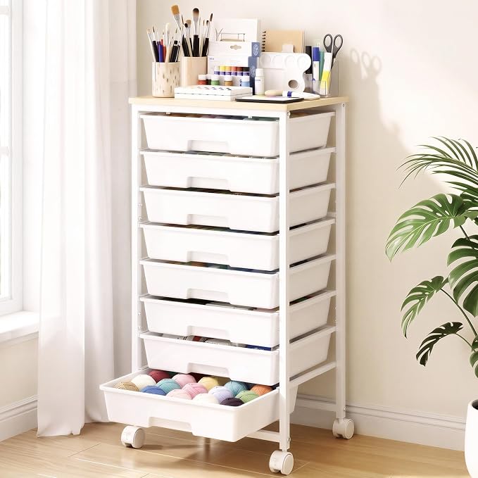 Delamu Rolling Storage Cart with 8 Drawers, Utility Craft Storage Cart | Storage Drawers Cart with Wooden Tabletop and Lockable Casters for Classroom Office Dorm Craft Art Supplie