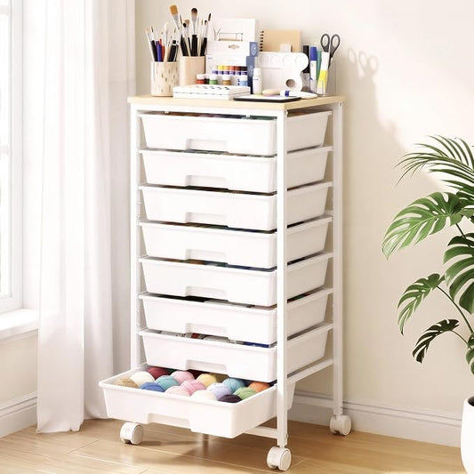 Delamu Rolling Storage Cart with 8 Drawers, Utility Craft Storage Cart | Storage Drawers Cart with Wooden Tabletop and Lockable Casters for Classroom Office Dorm Craft Art Supplie
