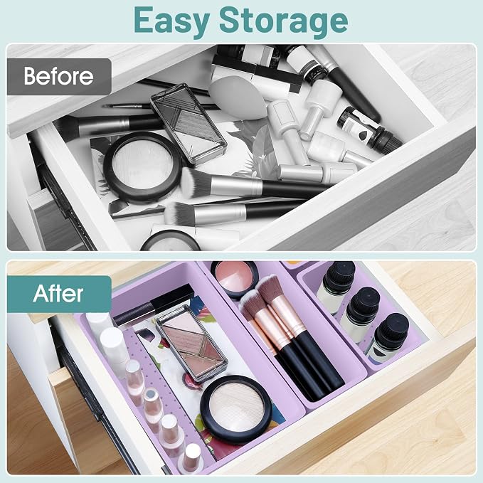 25 PCS Plastic Drawer Organizer Set, Makeup Organizers and Storage Bins | 4 Sizes Desk Drawer Divider Organizers and Storage Bins for Jewelry, Gadgets for Kitchen, Bedroom, Bathroom, Office, Purple