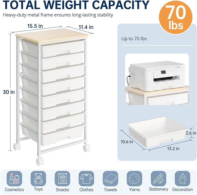 Delamu Rolling Storage Cart with 8 Drawers, Utility Craft Storage Cart | Storage Drawers Cart with Wooden Tabletop and Lockable Casters for Classroom Office Dorm Craft Art Supplie